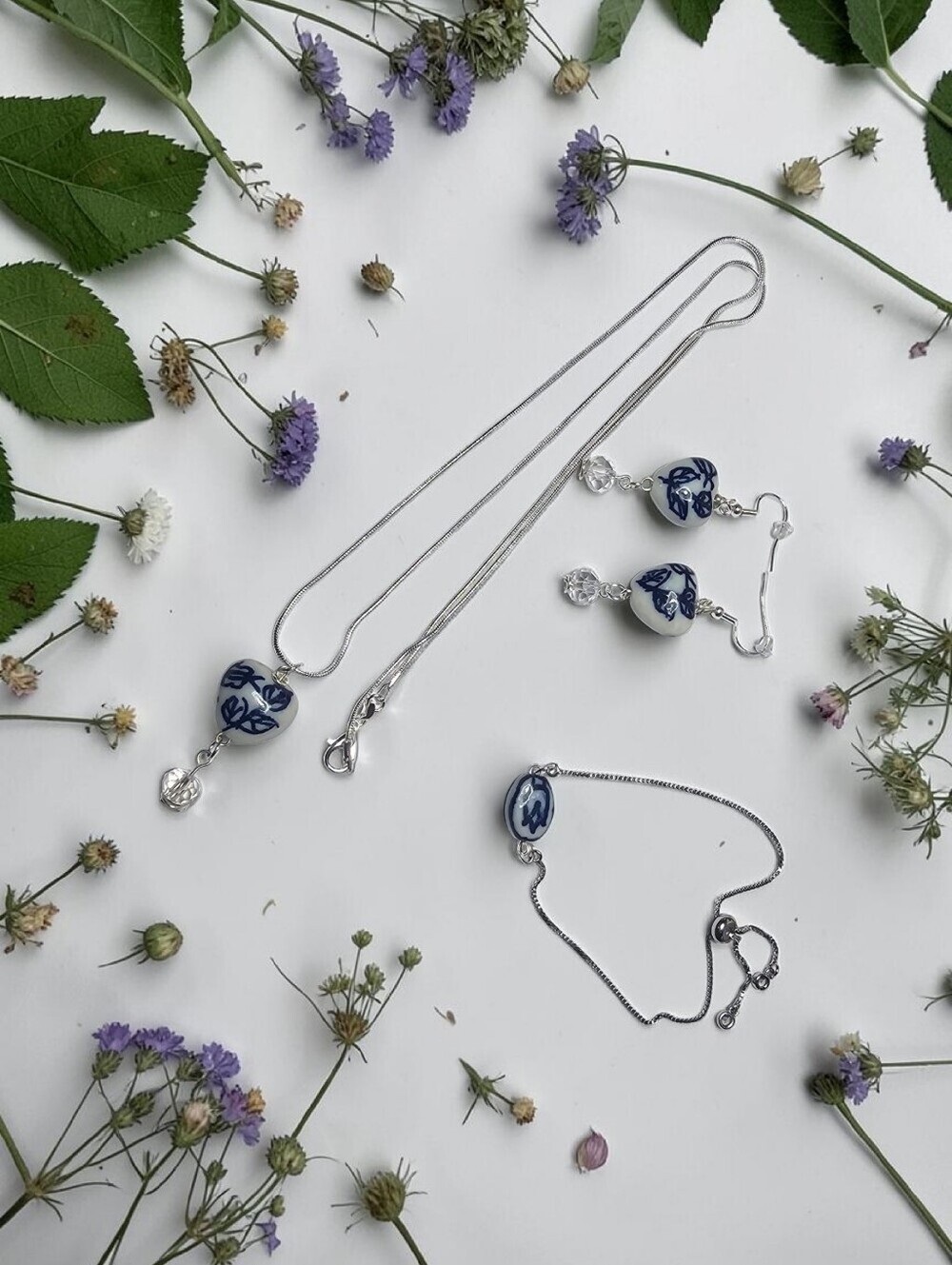Sterling Silver Blue & White Porcelain Necklace and Earring Set